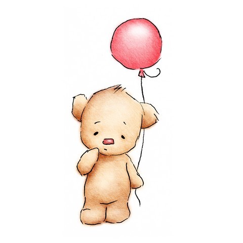 cute baby bear with red balloon on white background